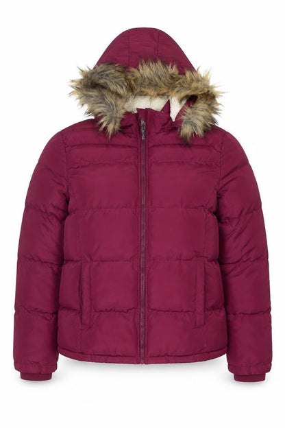 Front view of Lee Cooper Women’s Purple Puffer Jacket, size UK 14, Hooded Winter Coat