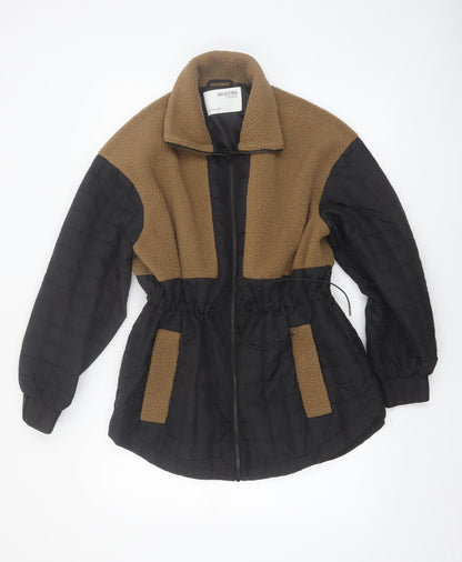 SELECTED FEMME Women's Brown Black Fleece Quilted Mid-Length Jacket Size 10