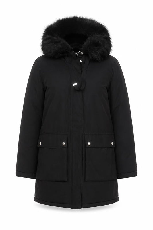 Zara Women Black Faux Fur Hooded Parka Coat Size 10