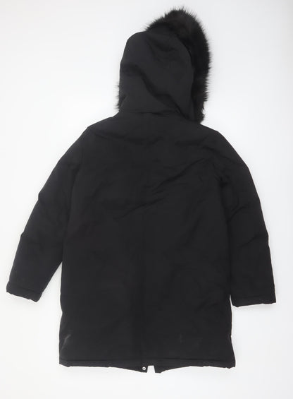 Zara Women Black Faux Fur Hooded Parka Coat Size 10