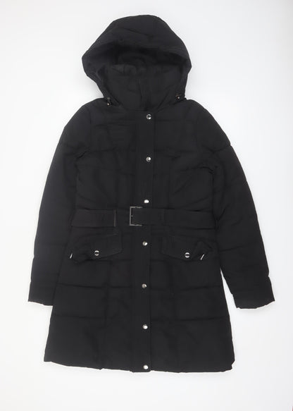 Dunnes Stores Women's Black Size 10 Long Belted Hooded Puffer Coat