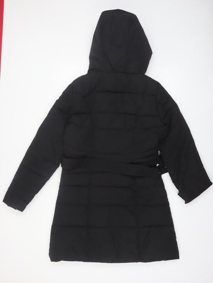 Dunnes Stores Women's Black Size 10 Long Belted Hooded Puffer Coat