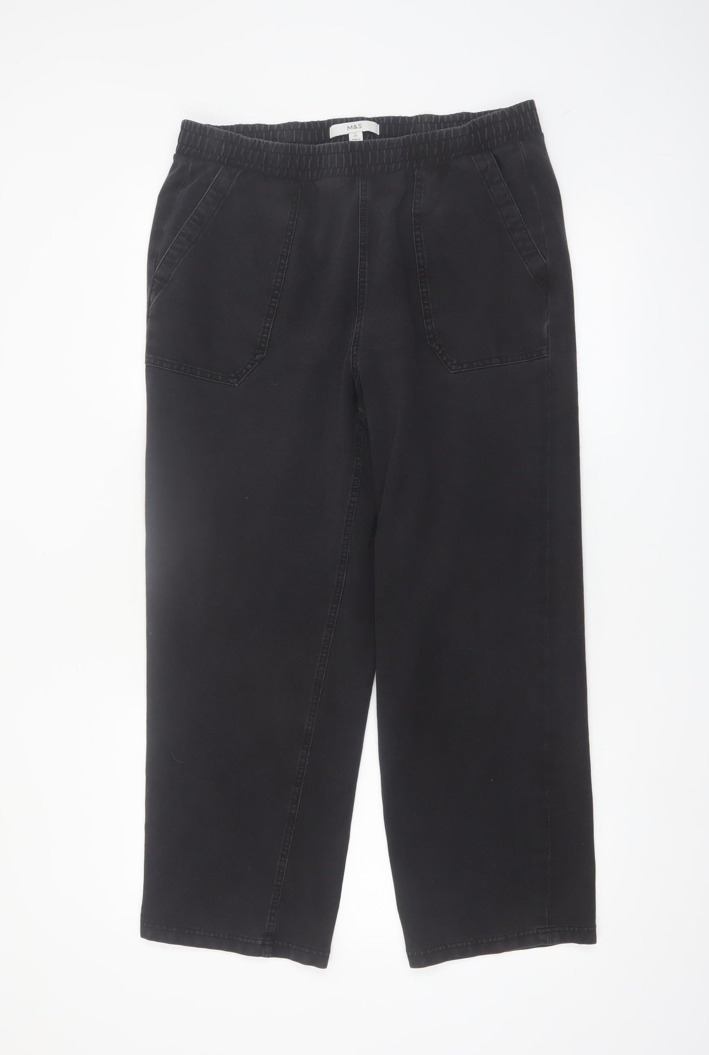 Marks and Spencer Women's Black Size 14 Regular Stretch Cotton Straight Trousers