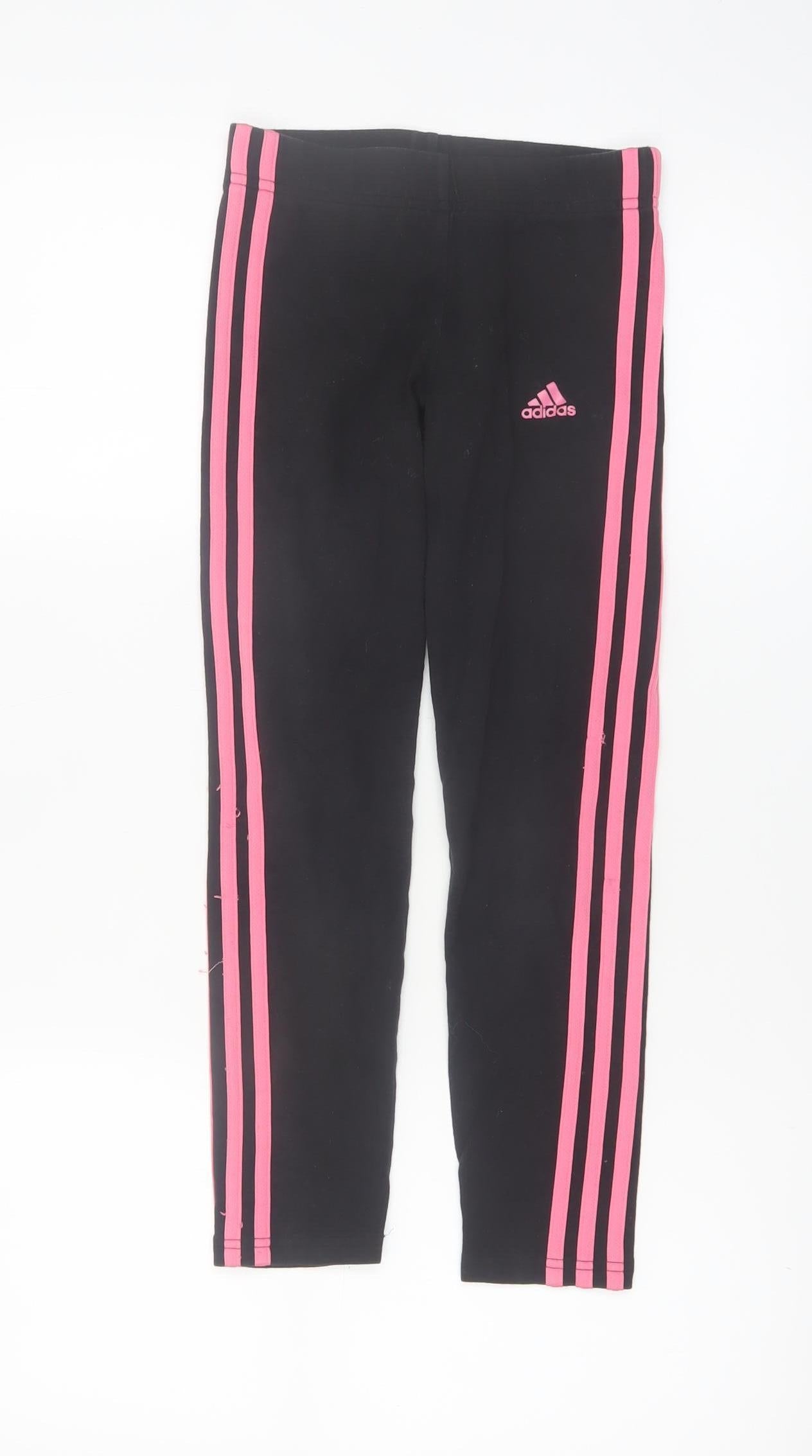 Adidas Girls Black Pink Stripe Ankle Leggings 9-10 Years Sports Stretch