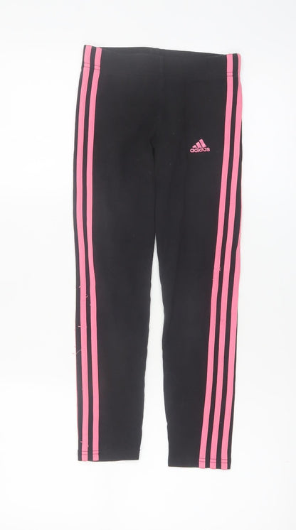 Adidas Girls Black Pink Stripe Ankle Leggings 9-10 Years Sports Stretch