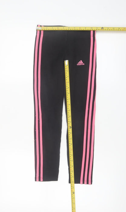 Adidas Girls Black Pink Stripe Ankle Leggings 9-10 Years Sports Stretch