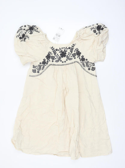 Mango Girls Ivory Embroidered Boho Cotton Linen Knee Length Dress 13-14 Years