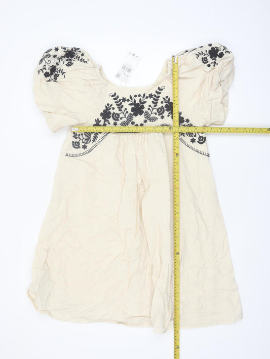 Mango Girls Ivory Embroidered Boho Cotton Linen Knee Length Dress 13-14 Years