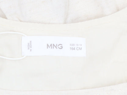 Mango Girls Ivory Embroidered Boho Cotton Linen Knee Length Dress 13-14 Years