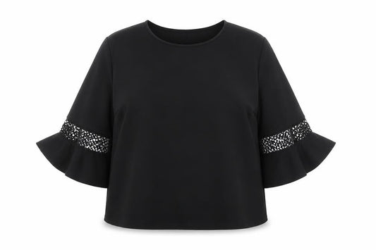 Front view of Dunnes Women’s Black Cotton 3/4 Flared Sleeve Blouse, size L