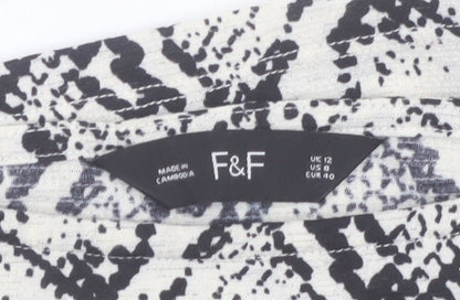 F&F Women’s Black Animal Print Tunic Blouse UK 12 3/4 Sleeve