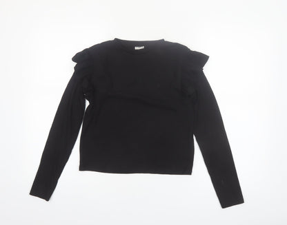 F&F Girls Black Long Sleeve Ruffle Ribbed Pullover Top 12-13 Years