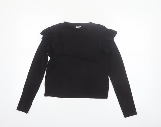 F&F Girls Black Long Sleeve Ruffle Ribbed Pullover Top 12-13 Years