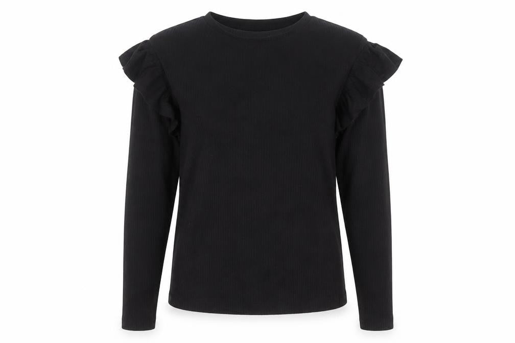 F&F Girls Black Long Sleeve Ruffle Ribbed Pullover Top 12-13 Years