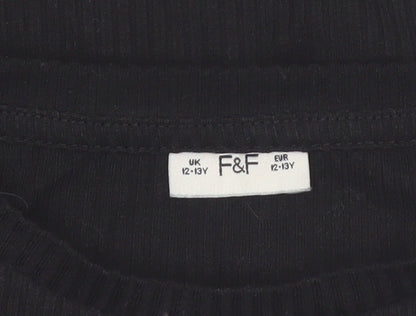 F&F Girls Black Long Sleeve Ruffle Ribbed Pullover Top 12-13 Years