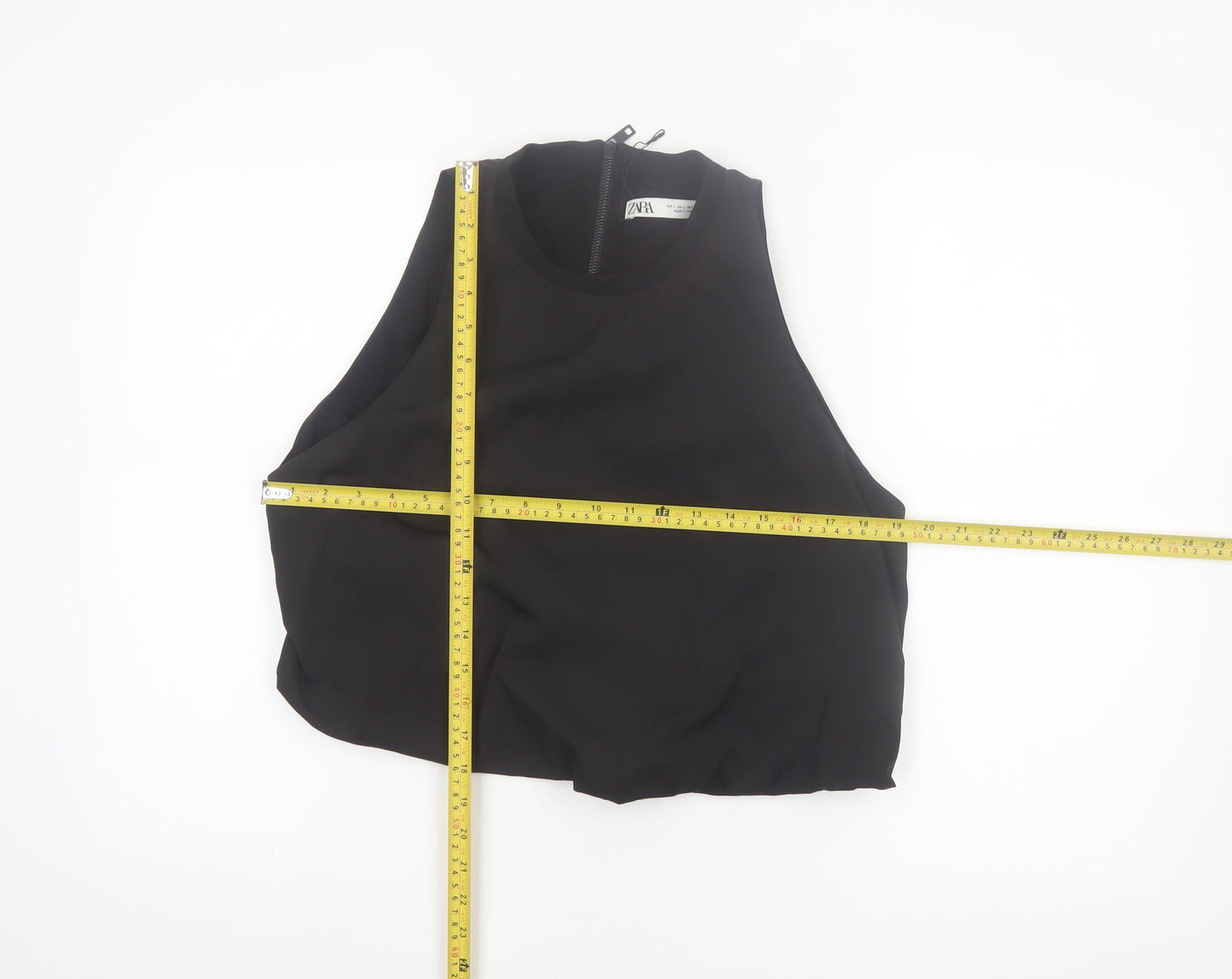 Zara Women Black Cropped Sleeveless Tank Top L Classic Zip Detail