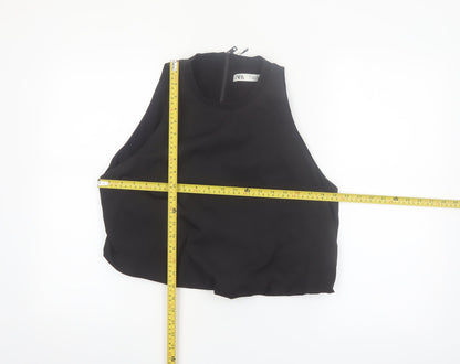 Zara Women Black Cropped Sleeveless Tank Top L Classic Zip Detail