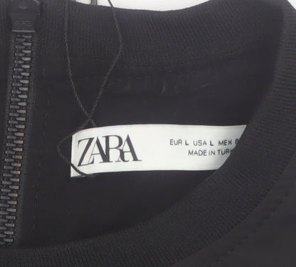 Zara Women Black Cropped Sleeveless Tank Top L Classic Zip Detail