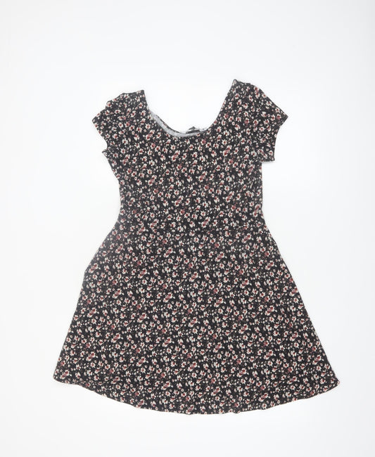 New Look Women Black Floral Short Sleeve Skater Dress Size 10