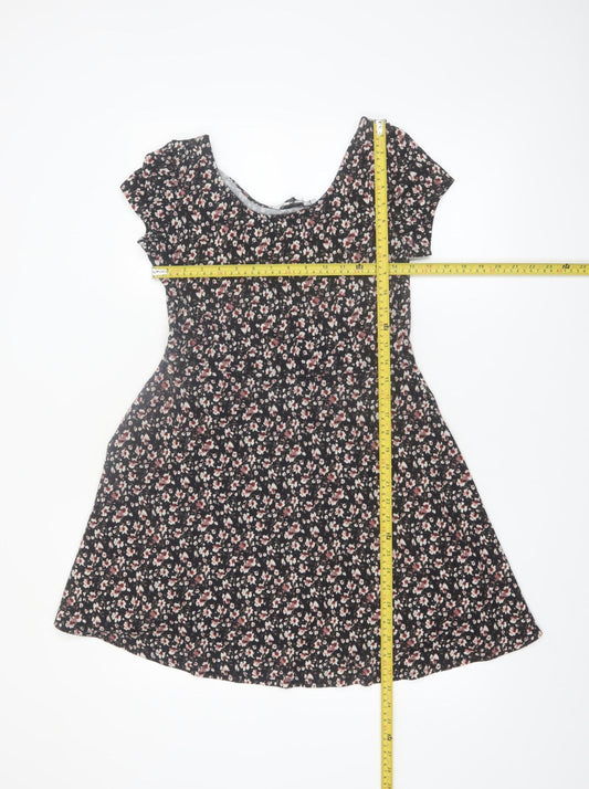 New Look Women Black Floral Short Sleeve Skater Dress Size 10