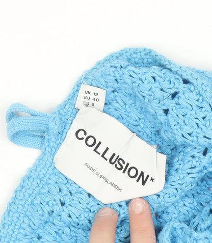 COLLUSION Women Blue Crochet Sleeveless V-Neck Pullover Jumper UK 12