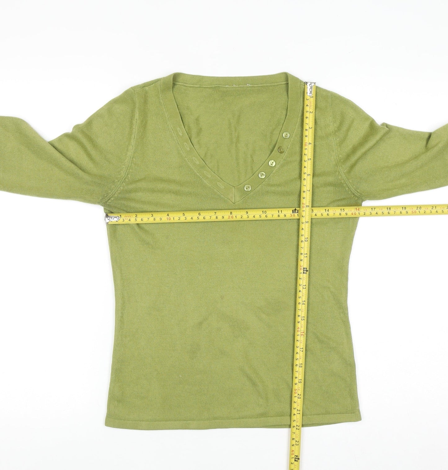 BHS Petites Women’s Green V-Neck Henley Knit Jumper Size 8