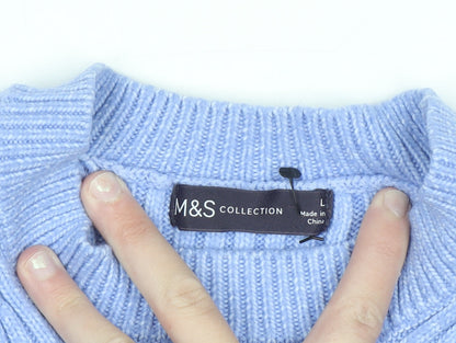 Marks and Spencer Men's Blue Ribbed Knit Crew Neck Jumper L