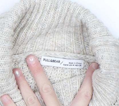 Pull & Bear Men's Beige Roll Neck Chunky Knit Jumper Size M