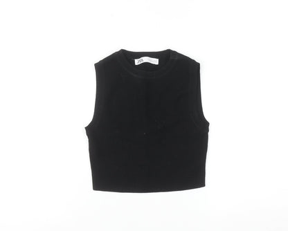 ZARA Women Black Sleeveless Cotton Knit Crew Neck Vest S