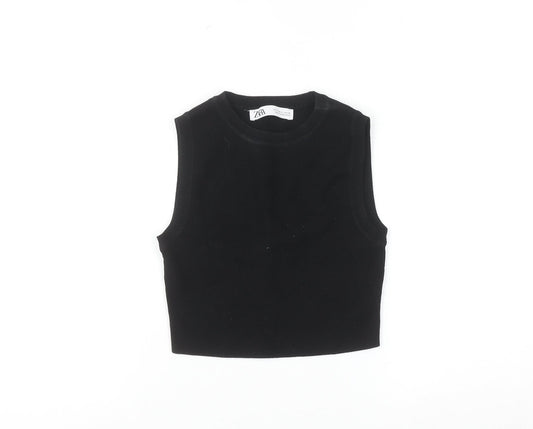 ZARA Women Black Sleeveless Cotton Knit Crew Neck Vest S