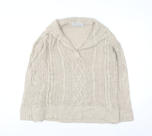 Brave Soul Women Beige Cable Knit Collared Pullover Jumper Size 14