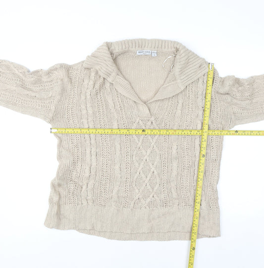 Brave Soul Women Beige Cable Knit Collared Pullover Jumper Size 14