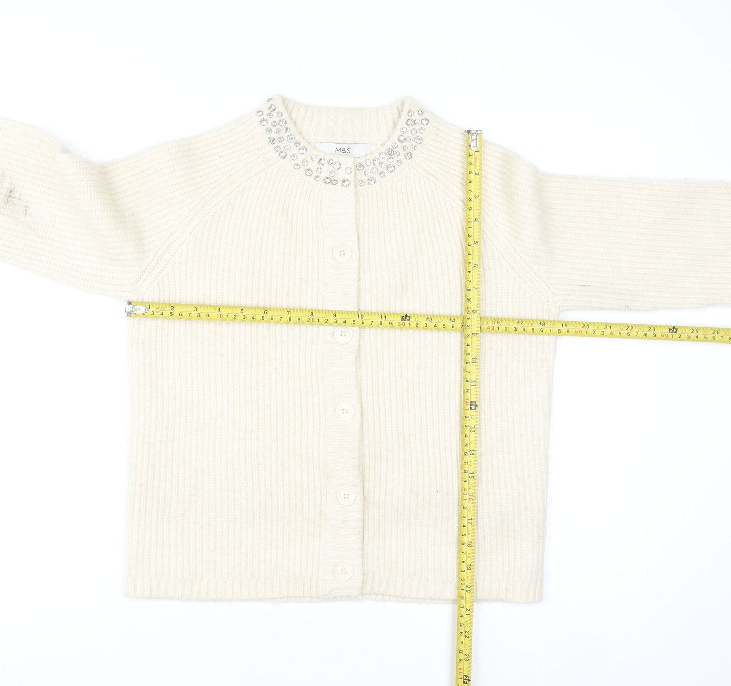 Marks and Spencer Women Ivory Beaded Cardigan S Knit Long Sleeve