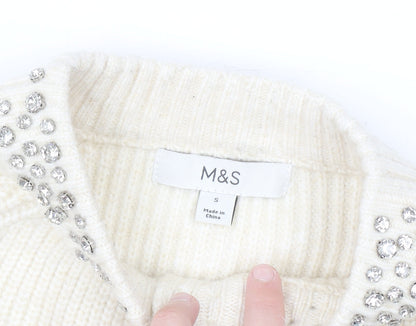 Marks and Spencer Women Ivory Beaded Cardigan S Knit Long Sleeve