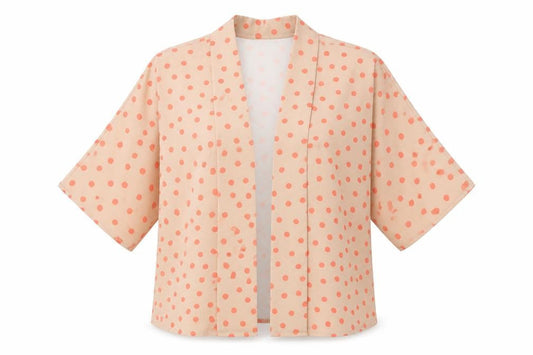 Front view of Gallery Women Beige Polka Dot Kimono Blouse, size 12