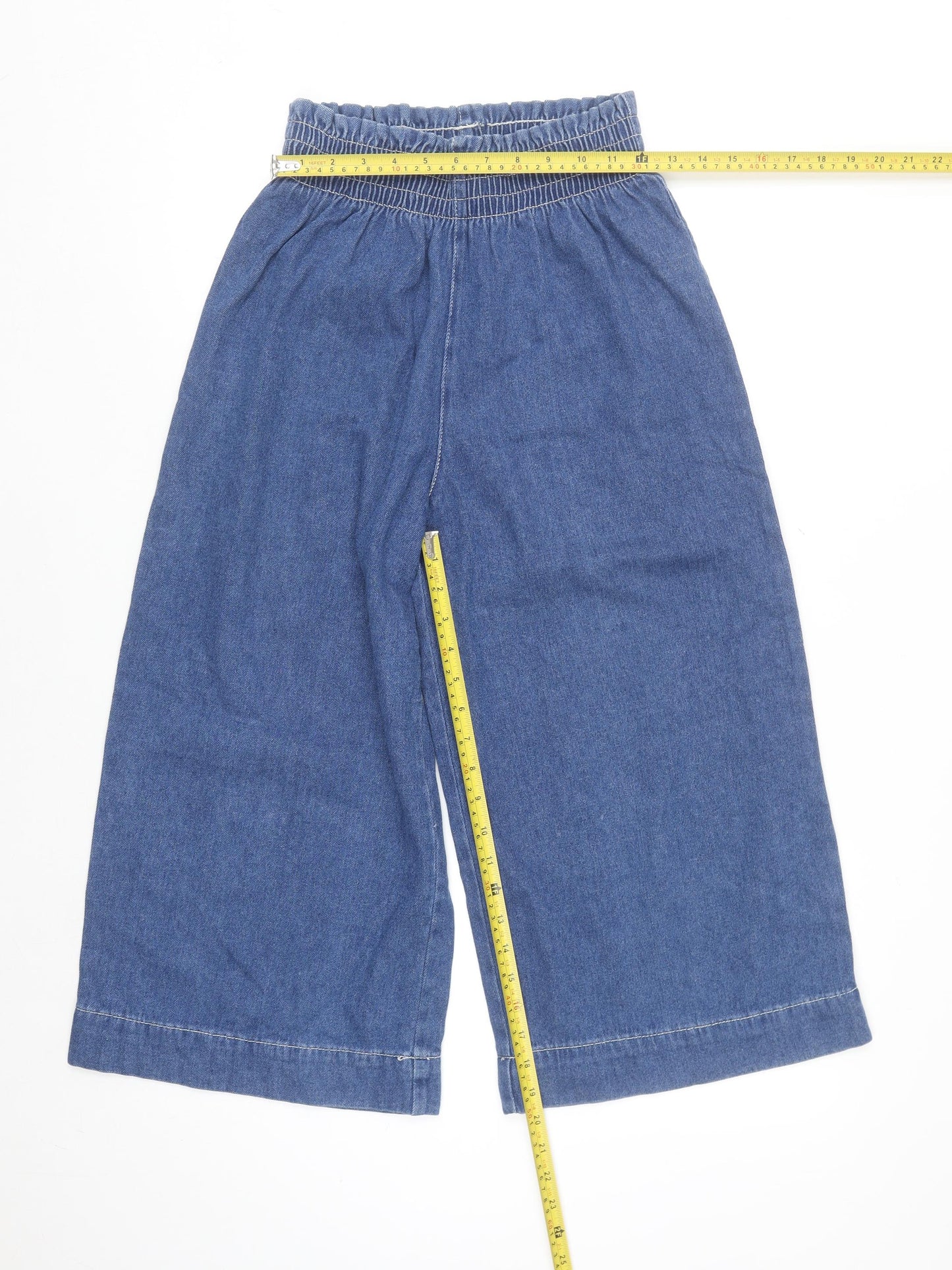 Bershka Women Blue Wide-Leg Cropped Denim Trousers Size S