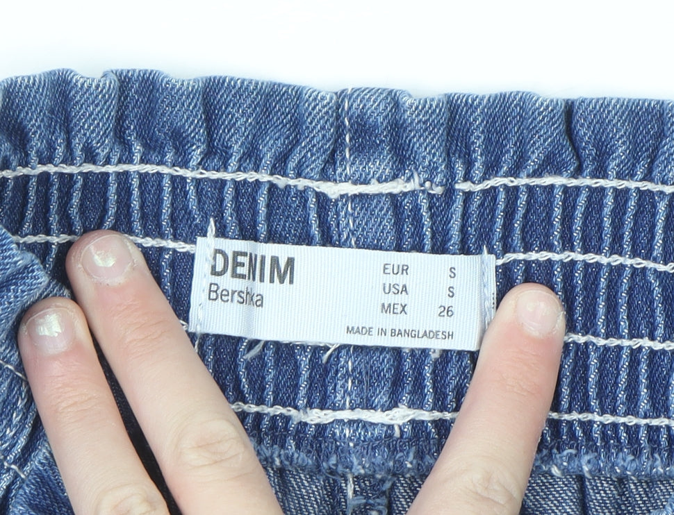 Bershka Women Blue Wide-Leg Cropped Denim Trousers Size S