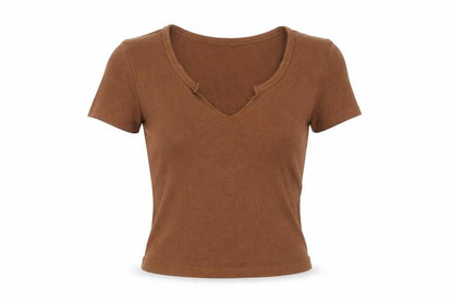 Brave Soul Women Brown Cropped V-Neck Short Sleeve T-Shirt S