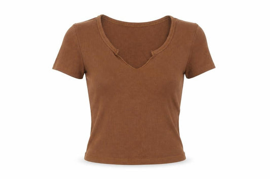 Brave Soul Women Brown Cropped V-Neck Short Sleeve T-Shirt S