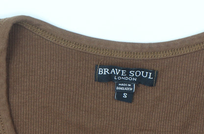 Brave Soul Women Brown Cropped V-Neck Short Sleeve T-Shirt S
