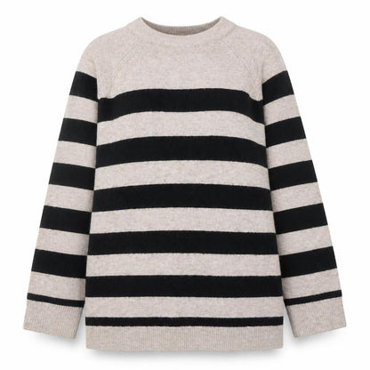New Look Women Beige Black Striped Long Sleeve Pullover Jumper L