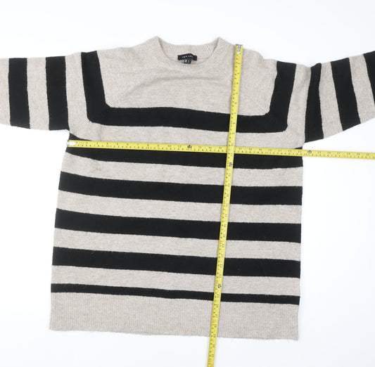 New Look Women Beige Black Striped Long Sleeve Pullover Jumper L