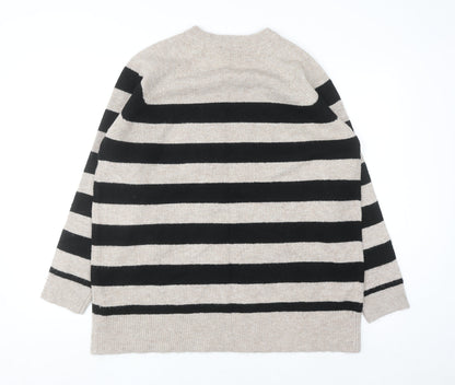 New Look Women Beige Black Striped Long Sleeve Pullover Jumper L
