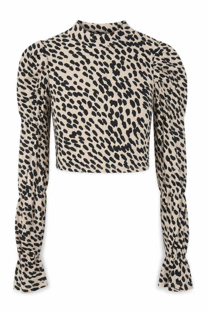 Bershka Women Beige Animal Print Cropped Long Sleeve Blouse Size 10