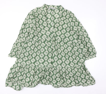 Zara Women Green Geometric Tunic Blouse Size 12 Cotton Ruffle