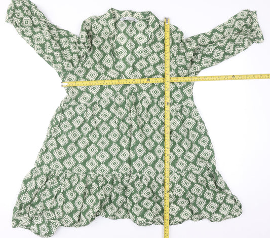 Zara Women Green Geometric Tunic Blouse Size 12 Cotton Ruffle
