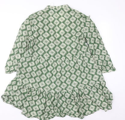 Zara Women Green Geometric Tunic Blouse Size 12 Cotton Ruffle