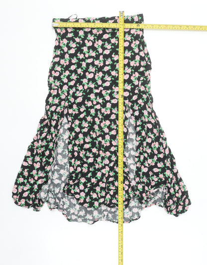 Zara Women Black Floral Flare Midi Skirt Size S Viscose