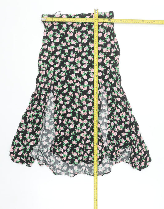 Zara Women Black Floral Flare Midi Skirt Size S Viscose