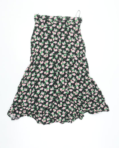 Zara Women Black Floral Flare Midi Skirt Size S Viscose